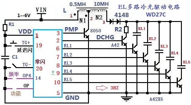电路说明: PMP三极管用SS8050D,D882, 其它三极管用A42,2N5551 R2用680--1K C1=0.1UF 当VIN=1--4.5V时R1=0 ,当VIN=4.5V--6V时 R1=330--470 TG+触发延迟9秒闪亮 TG-电平控制:TG-接GND时电路工作,EL闪亮 IC脚20组成电平控制触发电路。当TG-为低电平场致EL灯亮。当TG-为高电平时EL灭。即K开关闭合EL亮、断开EL灭。当不用K时、可由驱动LCD的CPU单片机控制。 IC脚20组成轻按键控制触